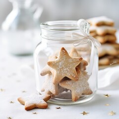 Tradition star shaped cookies filled in glass jar, blurred background, close up, copy space