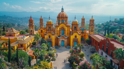 Stunning aerial view of the iconic San Miguel de Allende church surrounded by vibrant colonial...
