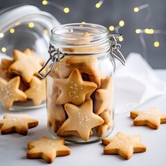 Star shaped cookies filled in glass jar, blurred background, close up