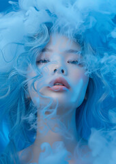 A woman with blue hair and blue eyes is in a blue smokey background