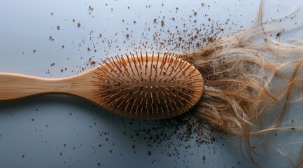 A wooden hairbrush with loose, thin strands of hair floating around it on a white background. The brush is filled with small brown and black hairs that appear to be falling off one after another. 