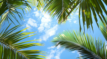 Palm leaves against the sky, view from below