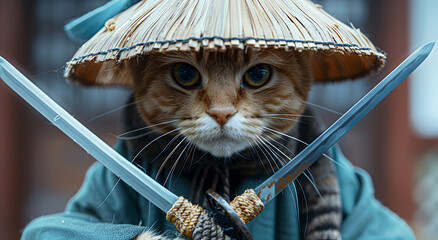 Portrait of a cat dressed as a samurai with a sword