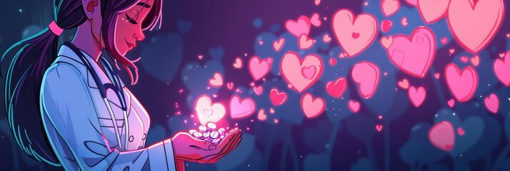 A beautiful illustration of a young female doctor holding a glowing pink heart in her hands