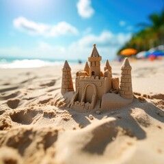 Sand castle on ocean background with palm trees, close up, copy space