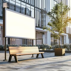 An empty billboard in a city street with a tree and a bench in front of it.