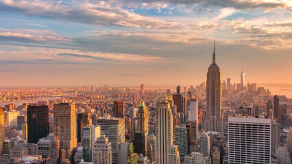 Manhattan city skyline at sunset