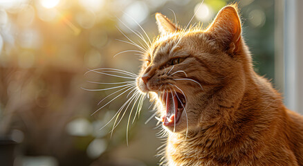 Portrait of a hissing orange cat.