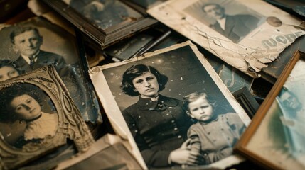 A collection of aged family photos stacked on a wooden table, showing generations of memories captured in print.