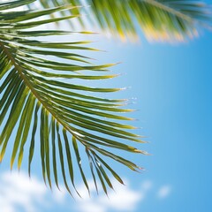 Palm leaves on blue sky background, close up, copy space