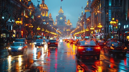 Enchanting evening view of The Bund in Shanghai, showcasing glistening wet streets and vibrant night lights reflecting after rain. This bustling urban scene captures the dynamic spirit of the city.