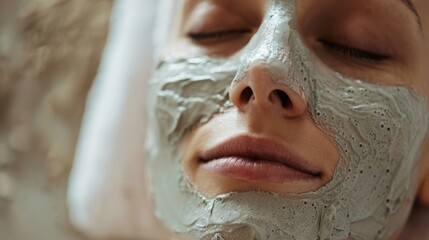 Fototapeta premium A woman sits with a facial mask being applied to her face during a skincare treatment at a spa or beauty salon.