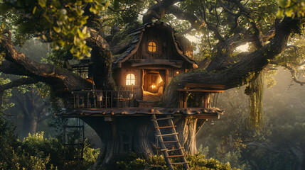 A whimsical treehouse, nestled among ancient oaks, with a single rope ladder leading to a cozy nest bed.