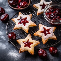 Star-shaped cookies with cherry filling, dark background, close-up