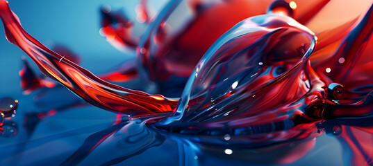 A vibrant and dynamic abstract visual, combining soft flows and angular edges in cherry red and azure blue, captured as if through an HD lens