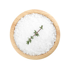 Salt with fresh thyme in wooden bowl isolated on white, top view