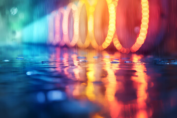 Wet surface with colorful neon reflections under rain. Rainy night scene with luminous neon rings and water reflections. Rain soaked circles glowing in vibrant neon lights