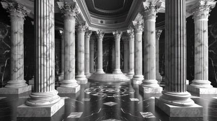 Naklejka premium A black and white photo of a room with many pillars, AI