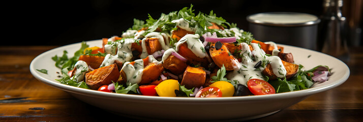 A hearty salad with roasted sweet potatoes, mixed greens, and a variety of colorful vegetables, topped with a creamy ranch dressing.
