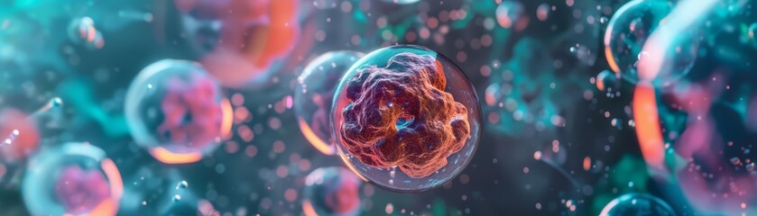 Cell biology is portrayed through a closeup of cellular structures, emphasizing the intricate machinery of life, close up hitech concept