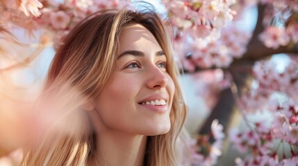cheerful caucasian woman enjoying springtime in park with blooming cherry trees portrait photography