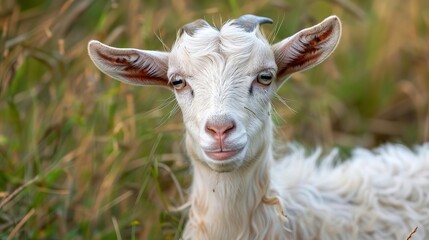 Fototapeta premium charming portrait of curious goat with expressive eyes and fluffy fur animal photography