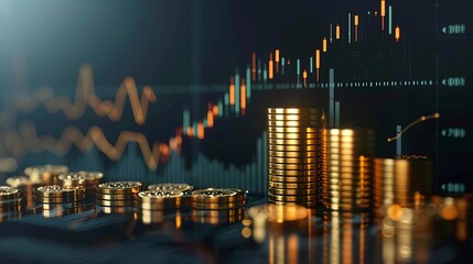 3d illustration of golden coin with rising graph investment and financial growth concept