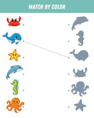 Find correct shadow of sea animals. Crab, octopus, sea horse, starfish, whale, dolphin. Educational logical game for kids. Cartoon animals. Vector 