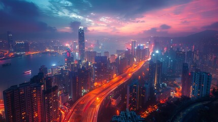 Vibrant Night Cityscape With Tall Buildings - obrazy, fototapety, plakaty