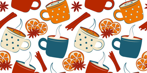 Cozy pattern of Mugs hot Drink, Cinnamon stick and Orange. Polka dot Cup. Coffee, cocoa, steam. Round piece Citrus. Star anise. Spices, condiments and fruit. Utensils, ingredients. Vector illustration