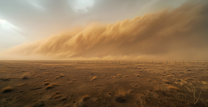 Massive dust storm rolling over a barren landscape