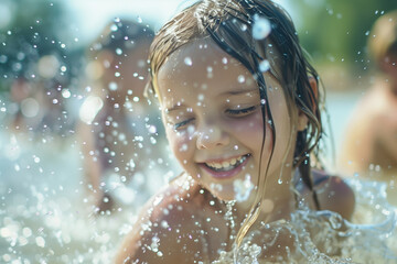 Fototapeta premium Kid having summer fun in water, smiling child playing and splashing
