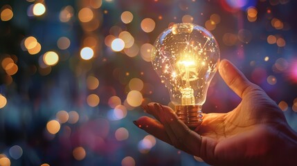 A hand holding a glowing light bulb with a glowing background of blue and orange lights.