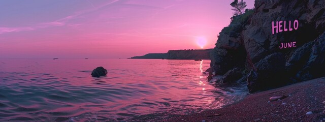 Dirty text "HELLO JUNE", sunrise over the sea, purple sky, black letters, simple, minimalistic, beautiful Generative AI