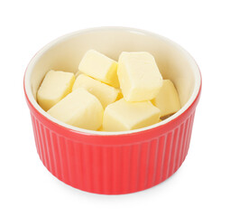 Tasty butter cubes in bowl isolated on white