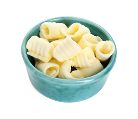 Tasty butter curls in bowl isolated on white