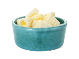 Tasty butter curls in bowl isolated on white