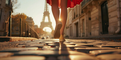 Close-up of legs of a woman wearing light shoes and red dress, walking the drenched in sun street...