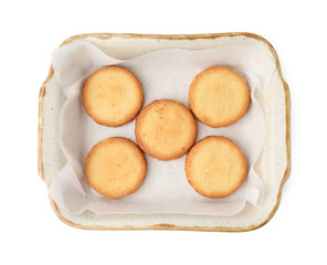 Tasty sweet sugar cookies in baking dish isolated on white, top view