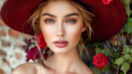 Naklejka premium A woman with a red hat and flowers on her face, AI