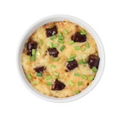 Tasty sausage casserole with green onions in baking dish isolated on white, top view