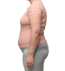 Overweight woman on white background, closeup view