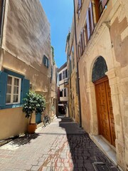 Beautiful old buildings, streets, stairs and alley ways in the town of Chania, Greece at 10 August 2023