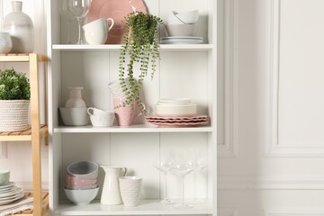 Different clean dishware and houseplants on shelves in cabinet indoors. Space for text