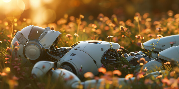 Friendly adorable human-like robot laying in the grass among flowers. Android looking up in the sky admiring nature on sun-drenched blossoming lawn.