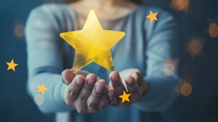 A photo of a person holding a glowing yellow star in the palm of their hand with a dark blue background with stars twinkling in the background - obrazy, fototapety, plakaty