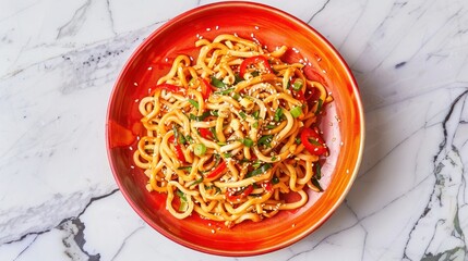 Top view of hot spicy udon noodles on a plate at white marble table background. AI generated