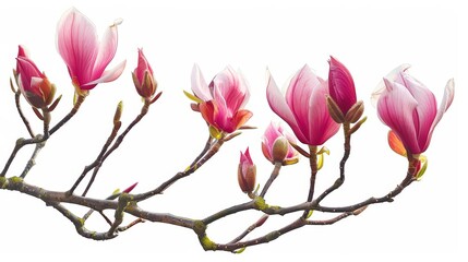 A branch of a magnolia tree with pink flowers.