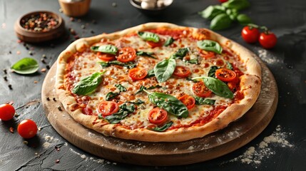 Tasty neapolitan pizza with mozzarella, tomatoes and spinach on dark background. AI generated