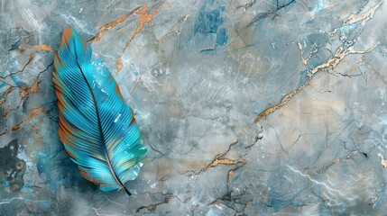 Blue and turquoise feather wallpaper, artistically rendered on a grey marble base.